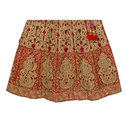 Sanskriti Vintage Red Long Skirt Net Mesh Hand Beaded Ethnic Stitched Bridal