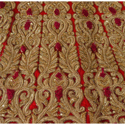 Sanskriti Vintage Red Long Skirt Net Mesh Hand Beaded Ethnic Stitched Bridal