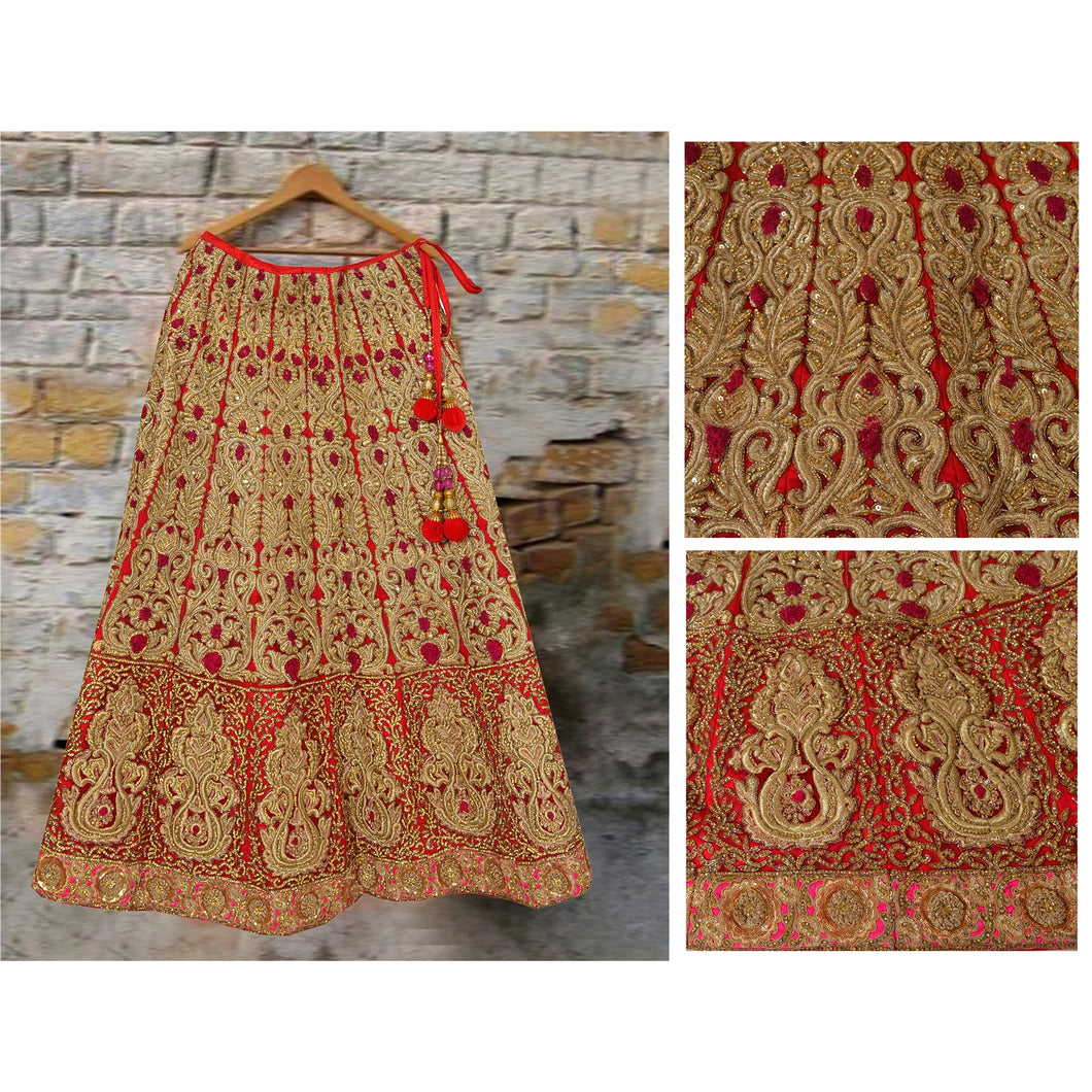 Sanskriti Vintage Red Long Skirt Net Mesh Hand Beaded Ethnic Stitched Bridal
