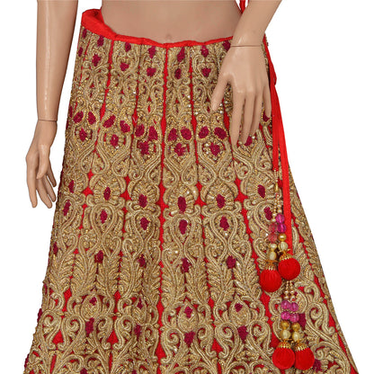 Sanskriti Vintage Red Long Skirt Net Mesh Hand Beaded Ethnic Stitched Bridal