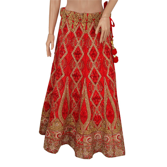 Sanskriti Vintage Red Long Skirt Net Mesh Hand Beaded Ethnic Stitched Bridal