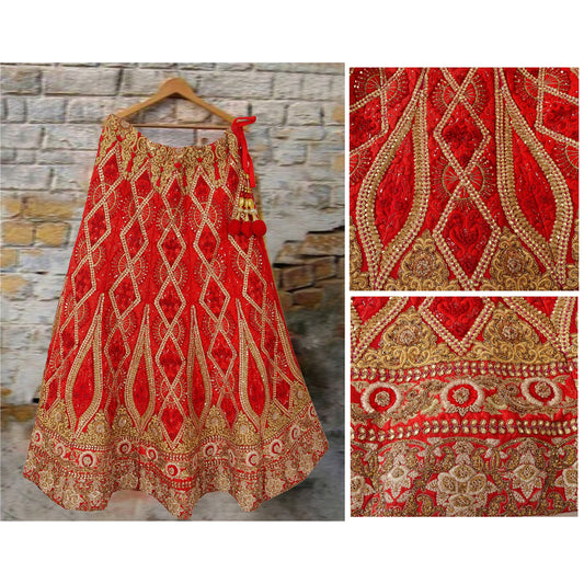 Sanskriti Vintage Red Long Skirt Net Mesh Hand Beaded Ethnic Stitched Bridal