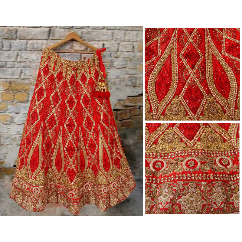Sanskriti Vintage Red Long Skirt Net Mesh Hand Beaded Ethnic Stitched Bridal