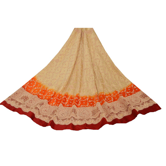 Sanskriti Vintage Cream Long Skirt Pure Satin Silk Hand Embroidered Unstitched