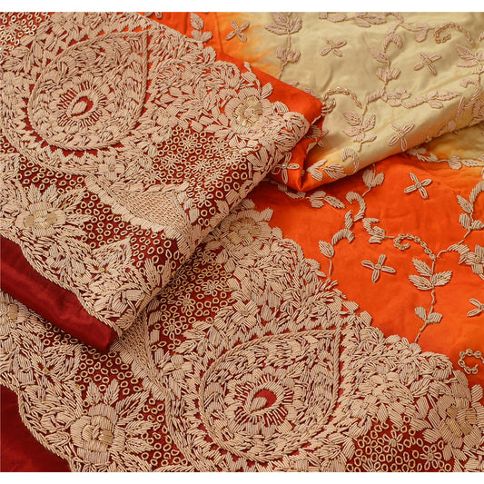 Sanskriti Vintage Cream Long Skirt Pure Satin Silk Hand Embroidered Unstitched