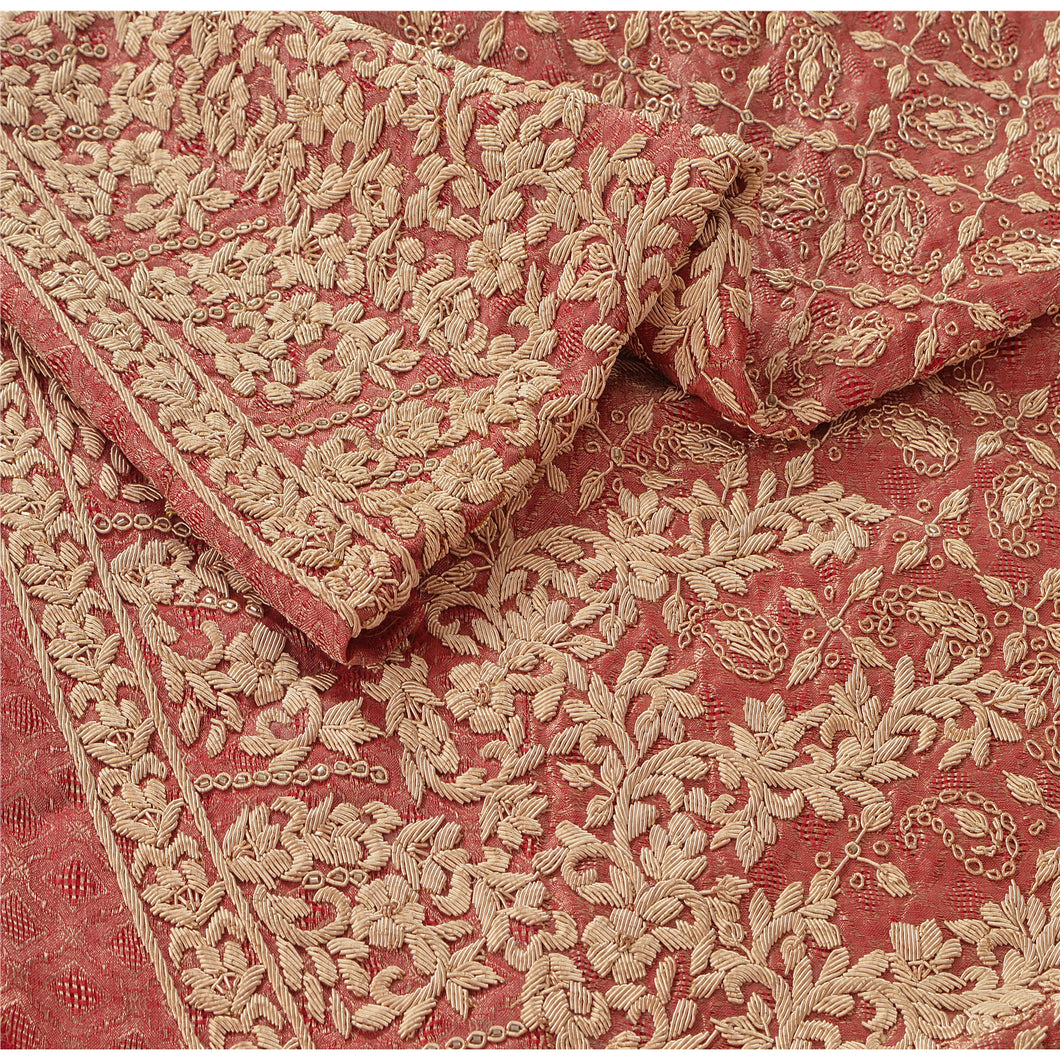 Sanskriti Vintage Red Long Skirt Pure Tissue Silk Hand Beaded Ethnic Unstitched