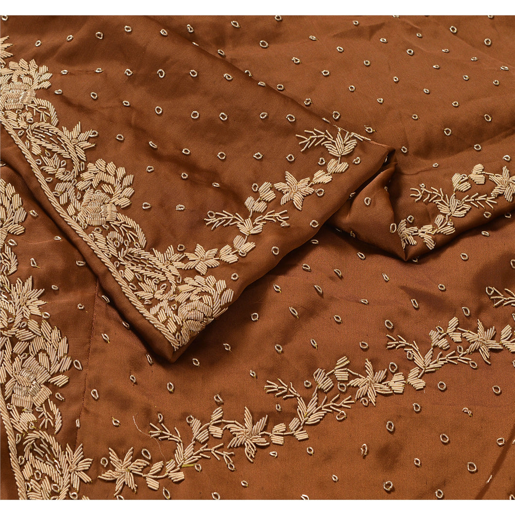 Brown Long Skirt Pure Satin Silk Hand Embroidered Unstitched