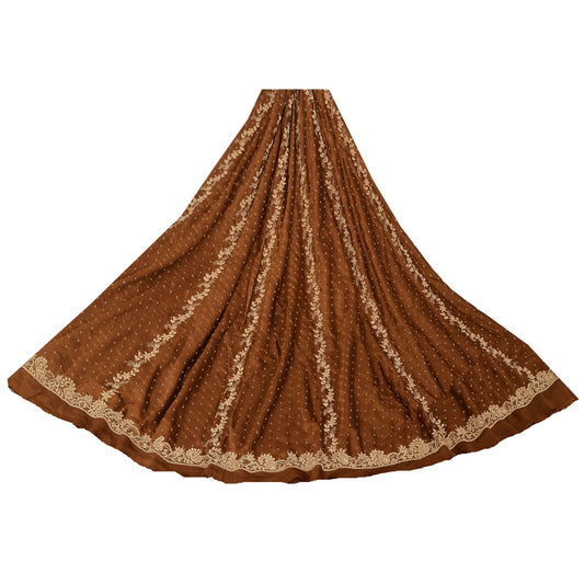 Sanskriti Vintage Brown Long Skirt Pure Satin Silk Hand Embroidered Unstitched
