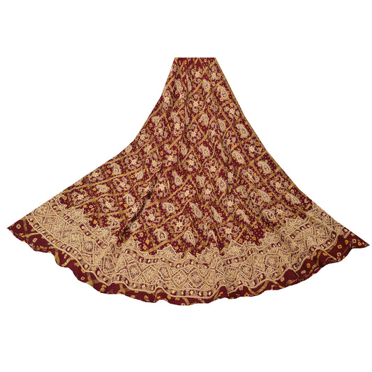 Sanskriti Vintage Long Skirt Pure Silk Hand Embroidered Bandhani Unstitched
