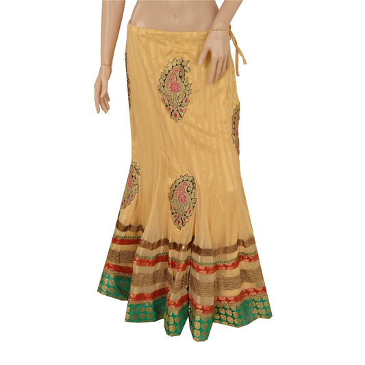 Sanskriti Vintage Cream Long Skirt Net Mesh Sustainable Fabric Hand Beaded Ethnic Stitched