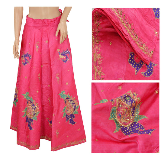 Sanskriti Vintage Pink Long Skirt Pure Silk Hand Beaded Stitched Ethnic Lehenga