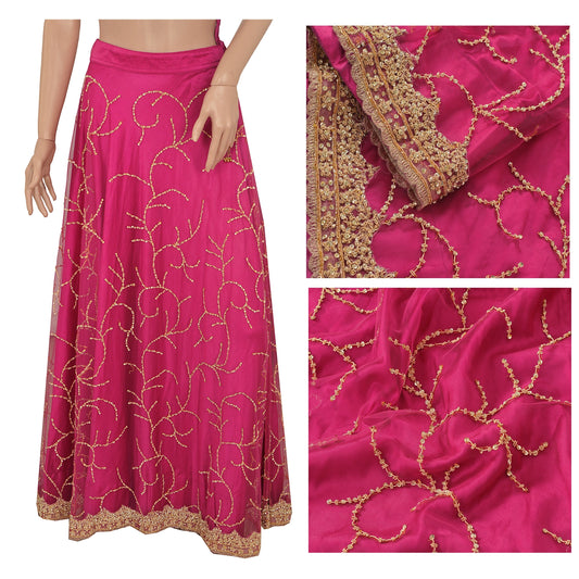 Sanskriti Vintage Pink Long Skirt Net Mesh Hand Beaded Ethnic Stitched Lehenga