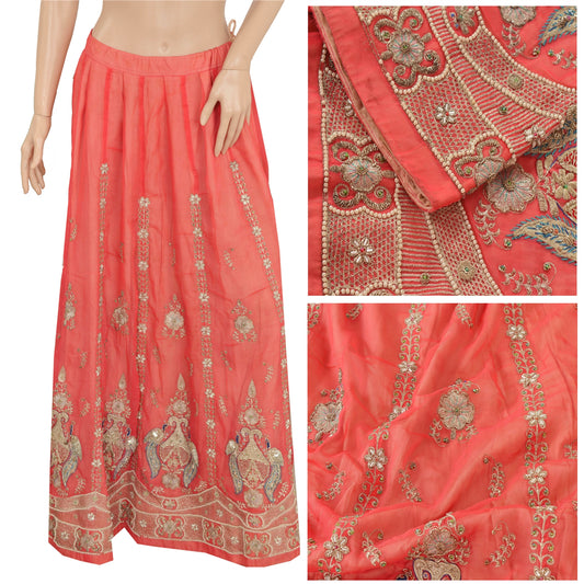 Sanskriti Vintage Pink Long Skirt American Georgette Hand Beaded Stitched Ethnic