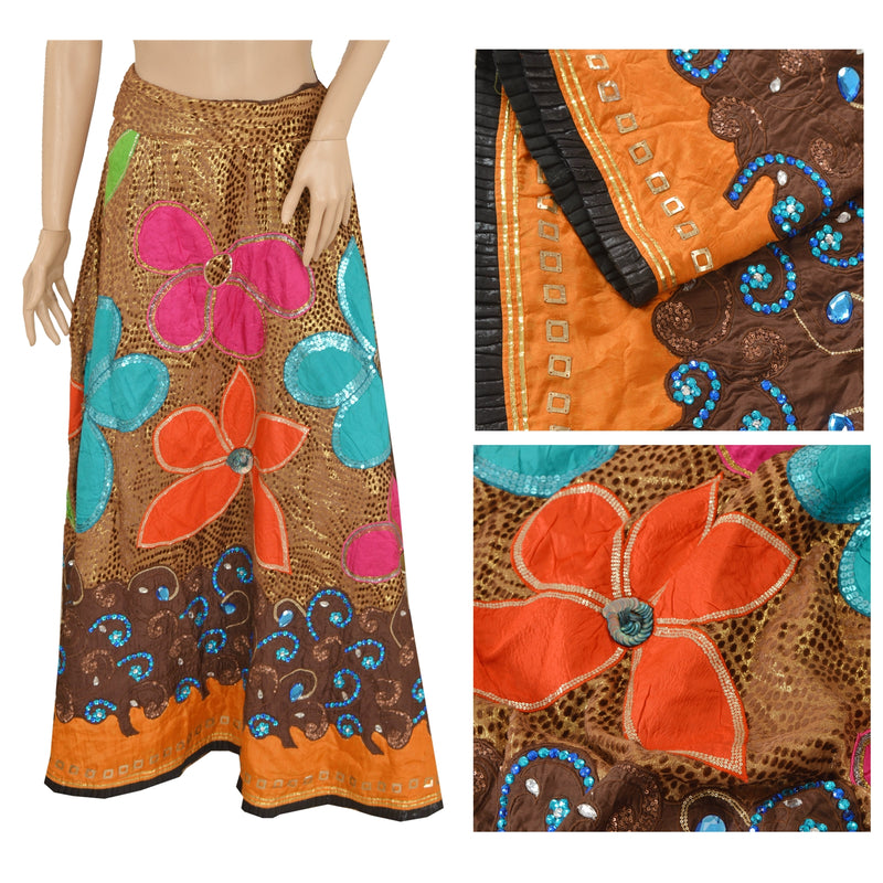 Sanskriti Vintage Golden Pure Silk Long Skirt Brasso Patch Hand Beaded Stitched Indian Wedding