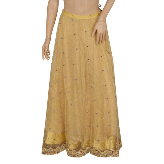 Sanskriti Vintage Golden Long Skirt Net Mesh Hand Beaded Ethnic Stitched Lehenga