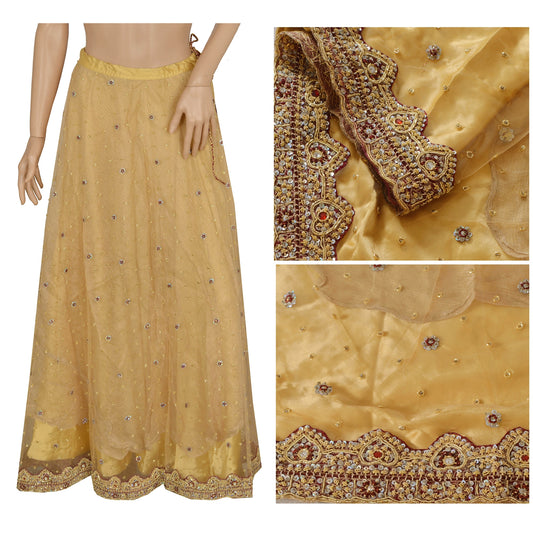 Sanskriti Vintage Golden Long Skirt Net Mesh Hand Beaded Ethnic Stitched Lehenga