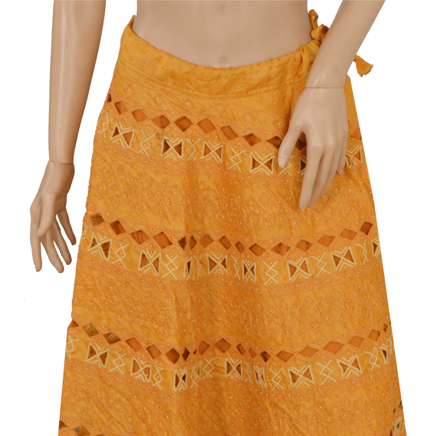 Sanskriti Vintage Mustard Long Skirt Pure Silk Sustainable Fabric Hand Bead Stitched Lehenga
