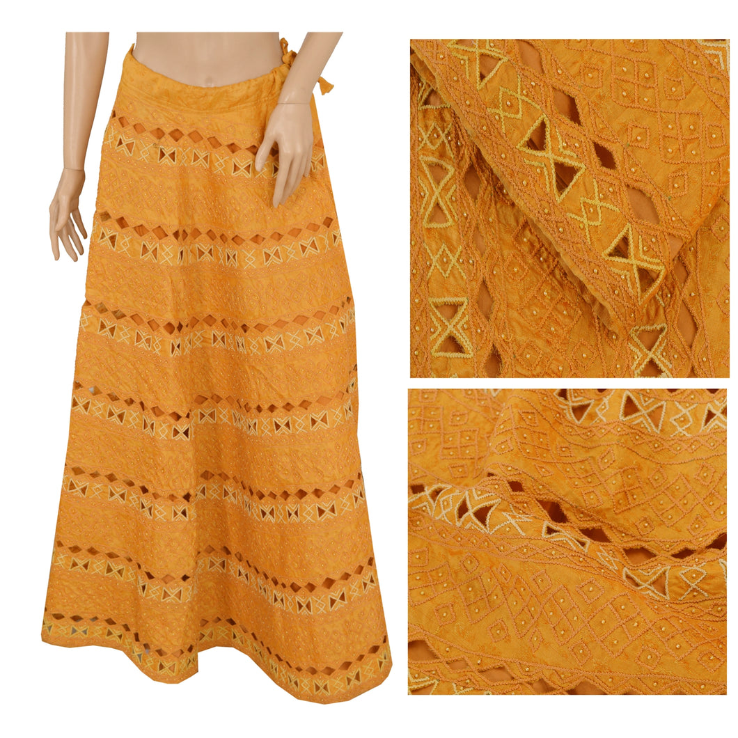 Sanskriti Vintage Mustard Long Skirt Pure Silk Fabric Hand Bead Stitched Lehenga