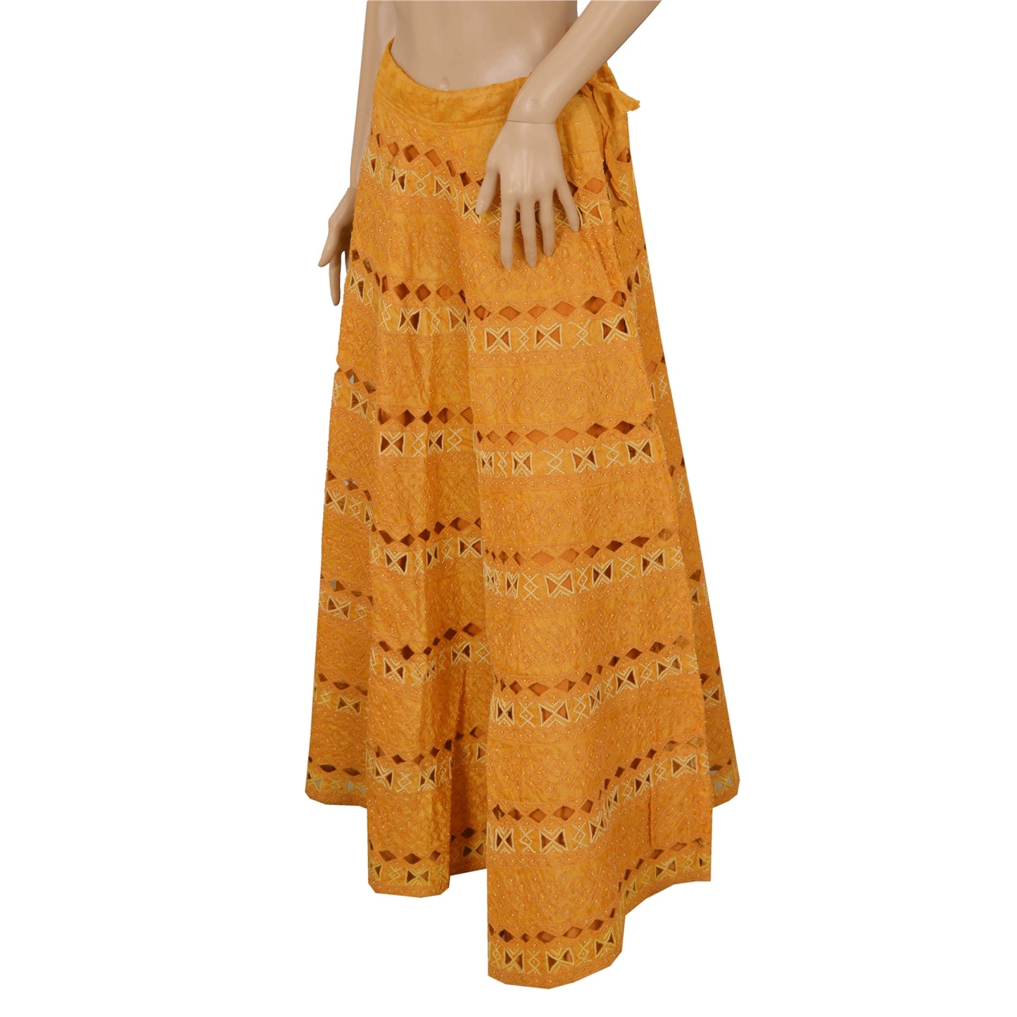 Sanskriti Vintage Mustard Long Skirt Pure Silk Sustainable Fabric Hand Bead Stitched Lehenga