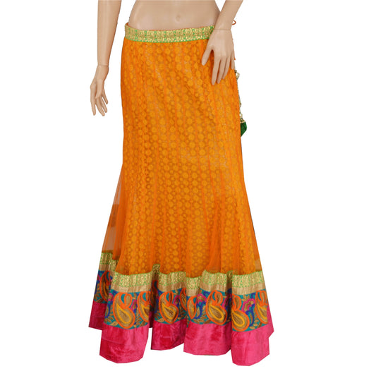 Sanskriti Vintage Saffron Long Skirt Net Mesh Sustainable Fabric Embroidery Stitched Lehenga