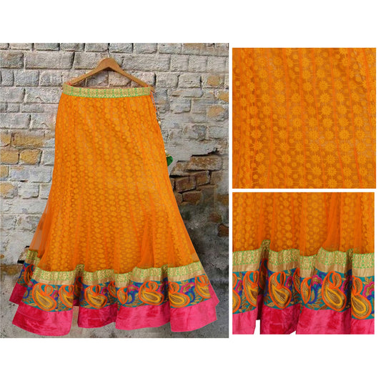 Sanskriti Vintage Saffron Long Skirt Net Mesh Sustainable Fabric Embroidery Stitched Lehenga
