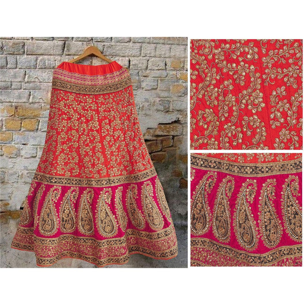 Long Skirt 100% Pure Chanderi Silk Hand Beads Stitched Lehenga