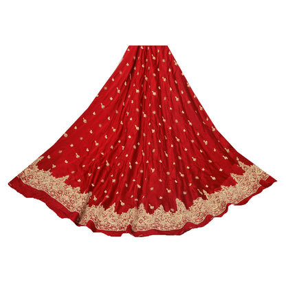 Sanskriti Vintage Red Long Skirt Pure Satin Silk Hand Embroidered Unstitched Lehenga