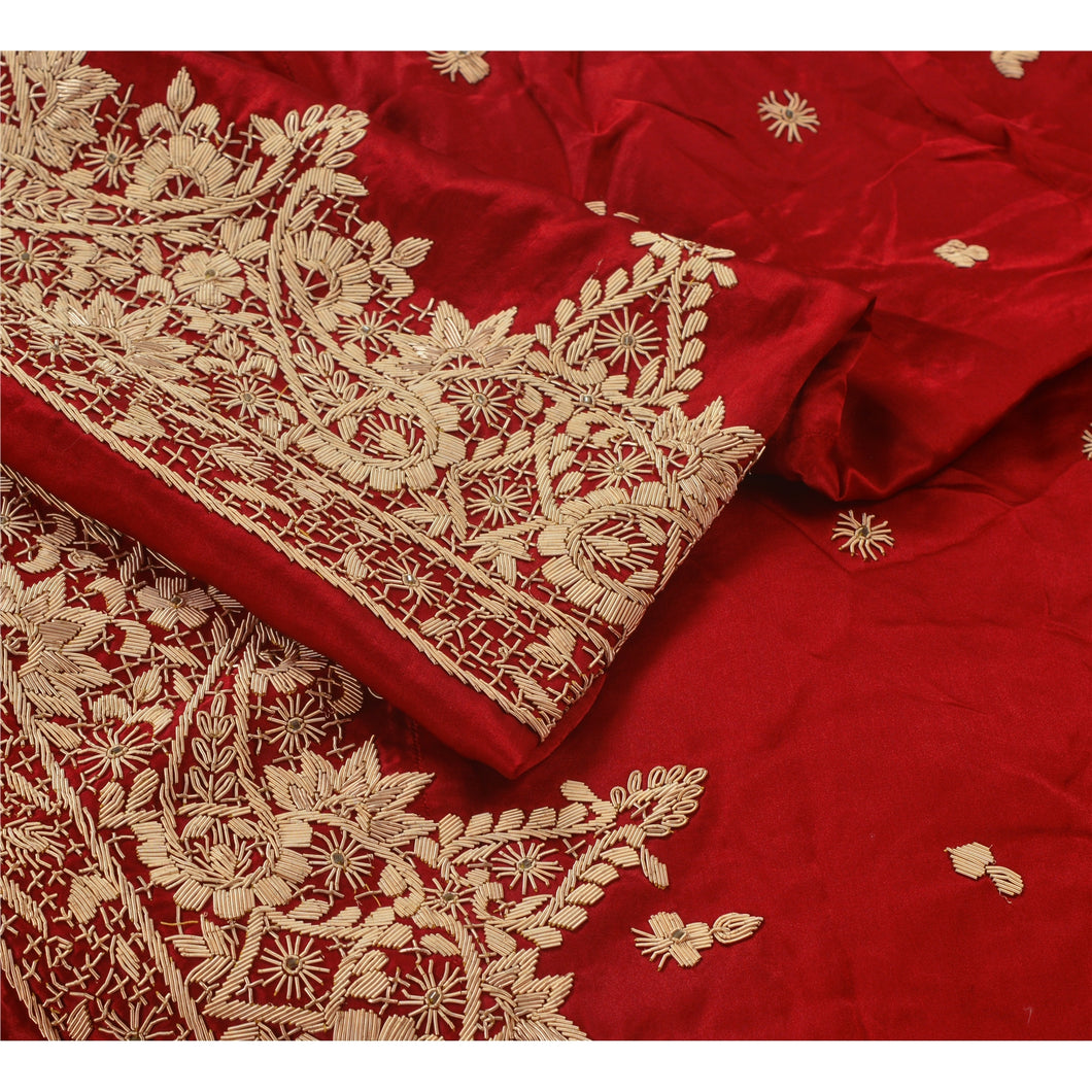Sanskriti Vintage Red Long Skirt Pure Satin Silk Hand Embroidered Unstitched Lehenga