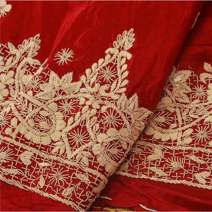 Sanskriti Vintage Red Long Skirt Pure Satin Silk Hand Embroidered Unstitched Lehenga