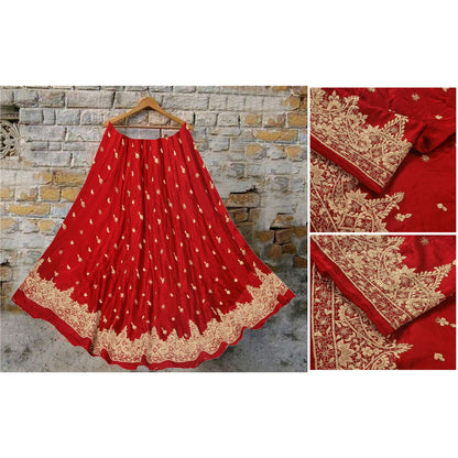 Sanskriti Vintage Red Long Skirt Pure Satin Silk Hand Embroidered Unstitched Lehenga