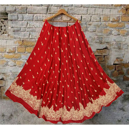 Sanskriti Vintage Red Long Skirt Pure Satin Silk Hand Embroidered Unstitched Lehenga