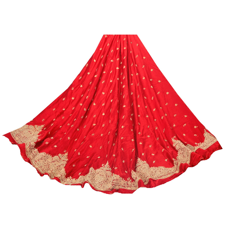 Sanskriti New Red 100% Pure Satin Silk Long Skirt Unstitched Hand Embroidered Zardozi Work