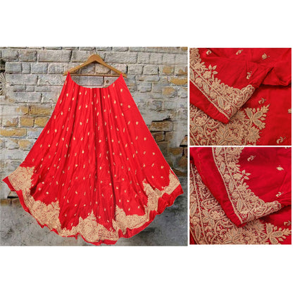 Sanskriti Vintage Long Skirt Pure Satin Silk Hand Embroidered Unstitched Lehenga