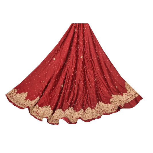 Sanskriti Vintage Dark Red Long Skirt Pure Satin Silk Hand Embroidered Unstitched Lehenga