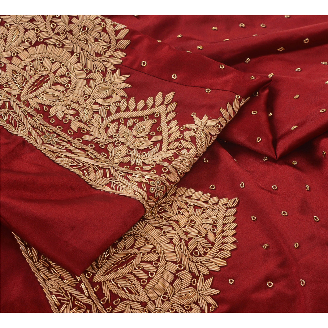 Sanskriti Vintage Dark Red Long Skirt Pure Satin Silk Hand Embroidered Unstitched Lehenga