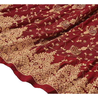Sanskriti Vintage Dark Red Long Skirt Pure Satin Silk Hand Embroidered Unstitched Lehenga