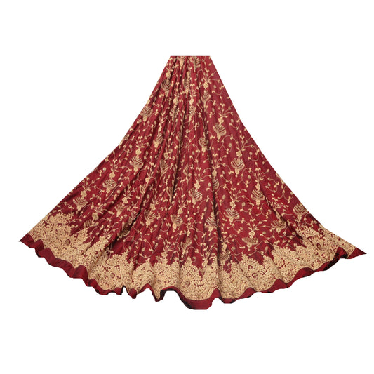Sanskriti Vintage Dark Red Long Skirt Pure Satin Silk Hand Embroidered Unstitched Lehenga