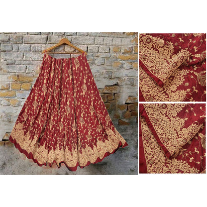 Sanskriti Vintage Dark Red Long Skirt Pure Satin Silk Hand Embroidered Unstitched Lehenga