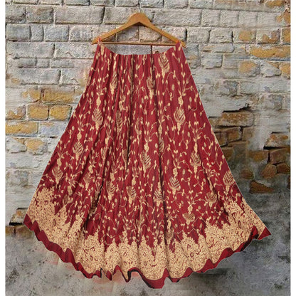 Sanskriti Vintage Dark Red Long Skirt Pure Satin Silk Hand Embroidered Unstitched Lehenga