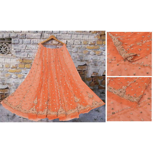 Sanskriti Vintage Orange Long Skirt Net Mesh Hand Beaded Unstitched Lehenga