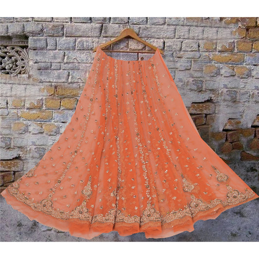 Sanskriti Vintage Orange Long Skirt Net Mesh Hand Beaded Unstitched Lehenga