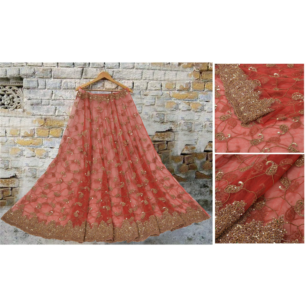 Sanskriti Vintage Red Long Skirt Net Mesh Hand Beaded Sequins Unstitched Lehenga
