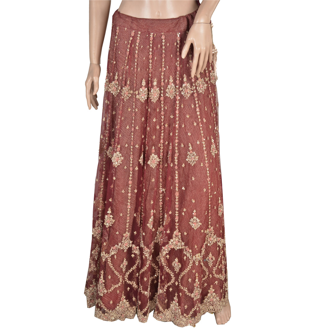 Sanskriti Vintage Long Wedding Skirt Net Mesh Handmade Dark Red Stitched Lehenga