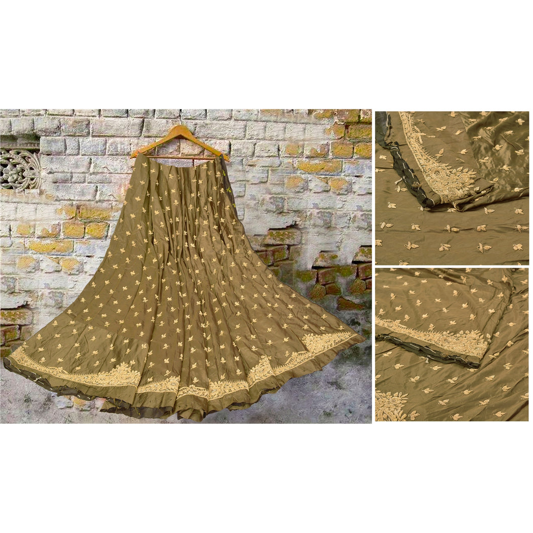 Sanskriti Vintage Long Skirt Pure Satin Silk Green Handmade Unstitched Lehenga