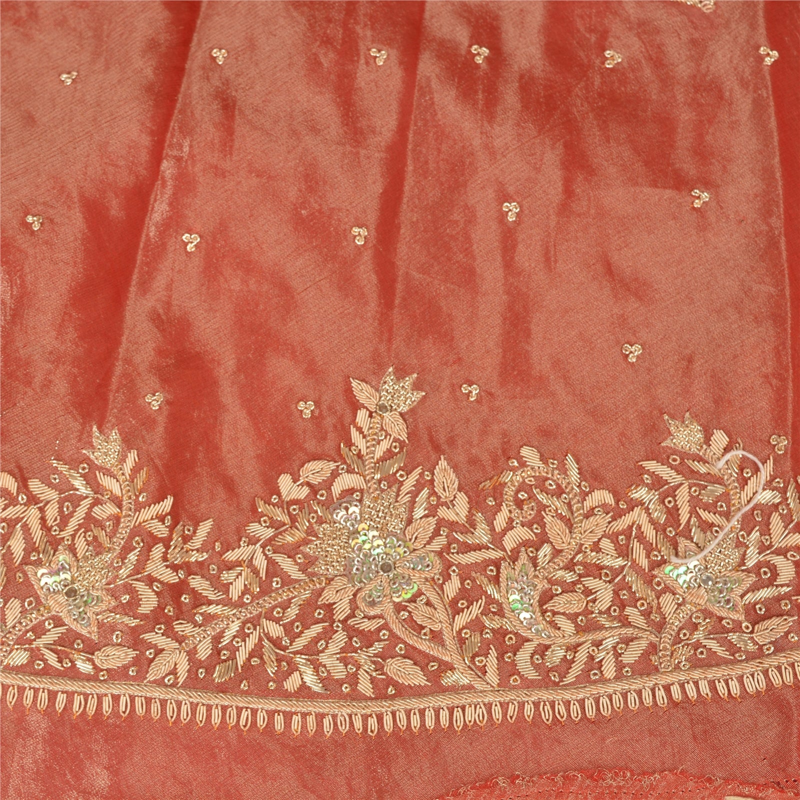 Sanskriti New Golden Red 100% Pure Tissue Silk Long Skirt Unstitched Hand Beaded Zari