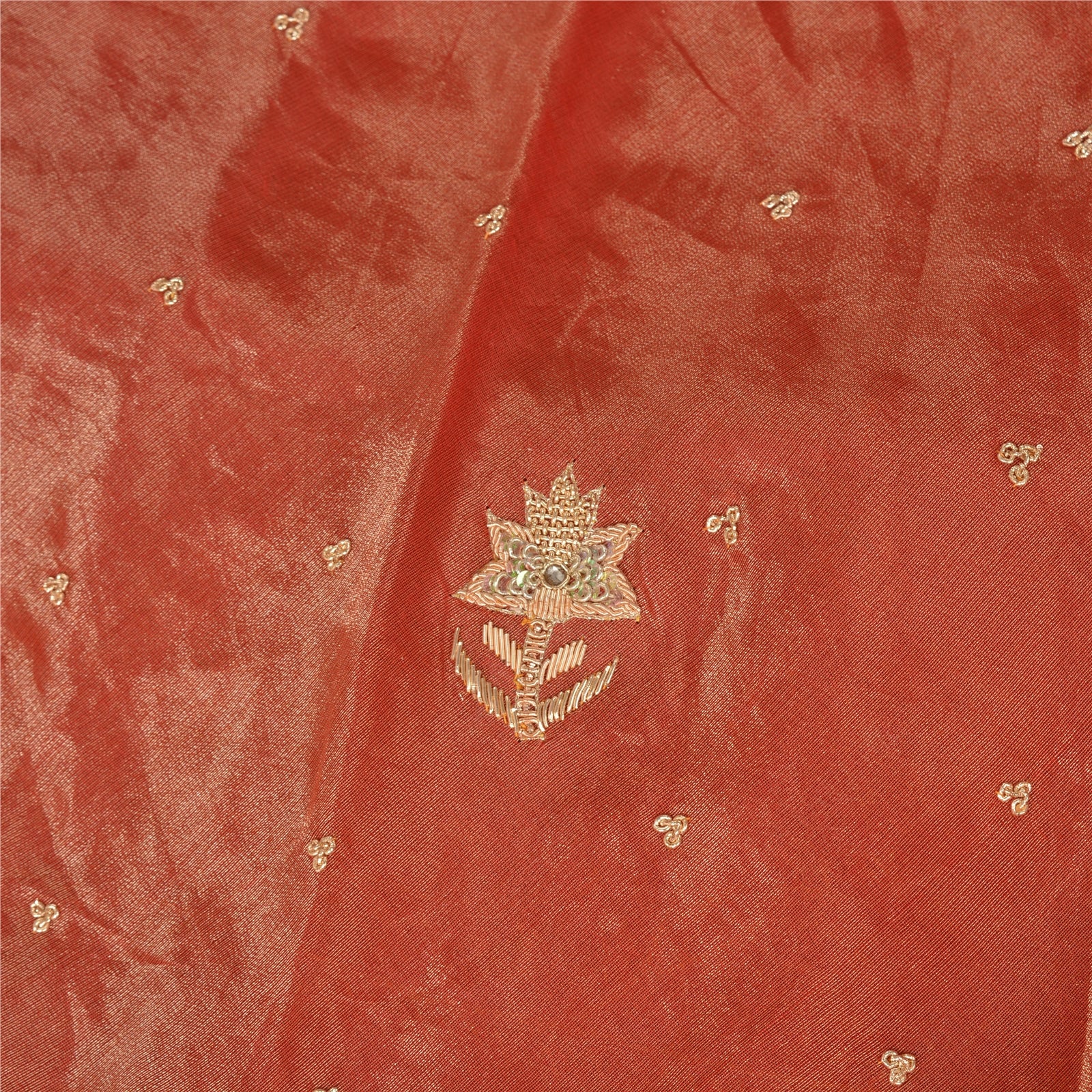 Sanskriti New Golden Red 100% Pure Tissue Silk Long Skirt Unstitched Hand Beaded Zari