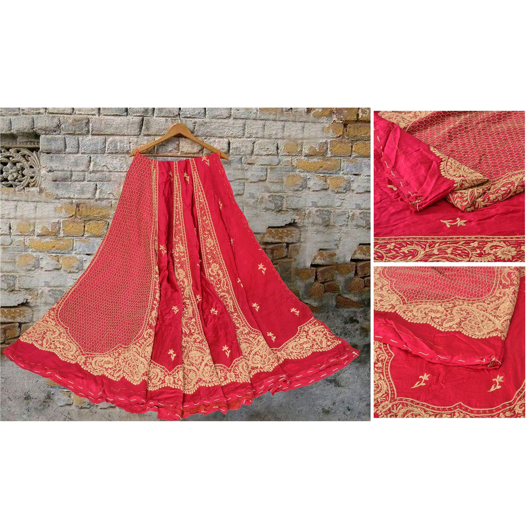Sanskriti Vintage Long Skirt Pure Satin Silk Handmade Pink Unstitched Lehenga