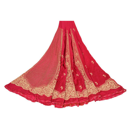 Sanskriti Vintage Long Skirt Pure Satin Silk Handmade Pink Unstitched Lehenga