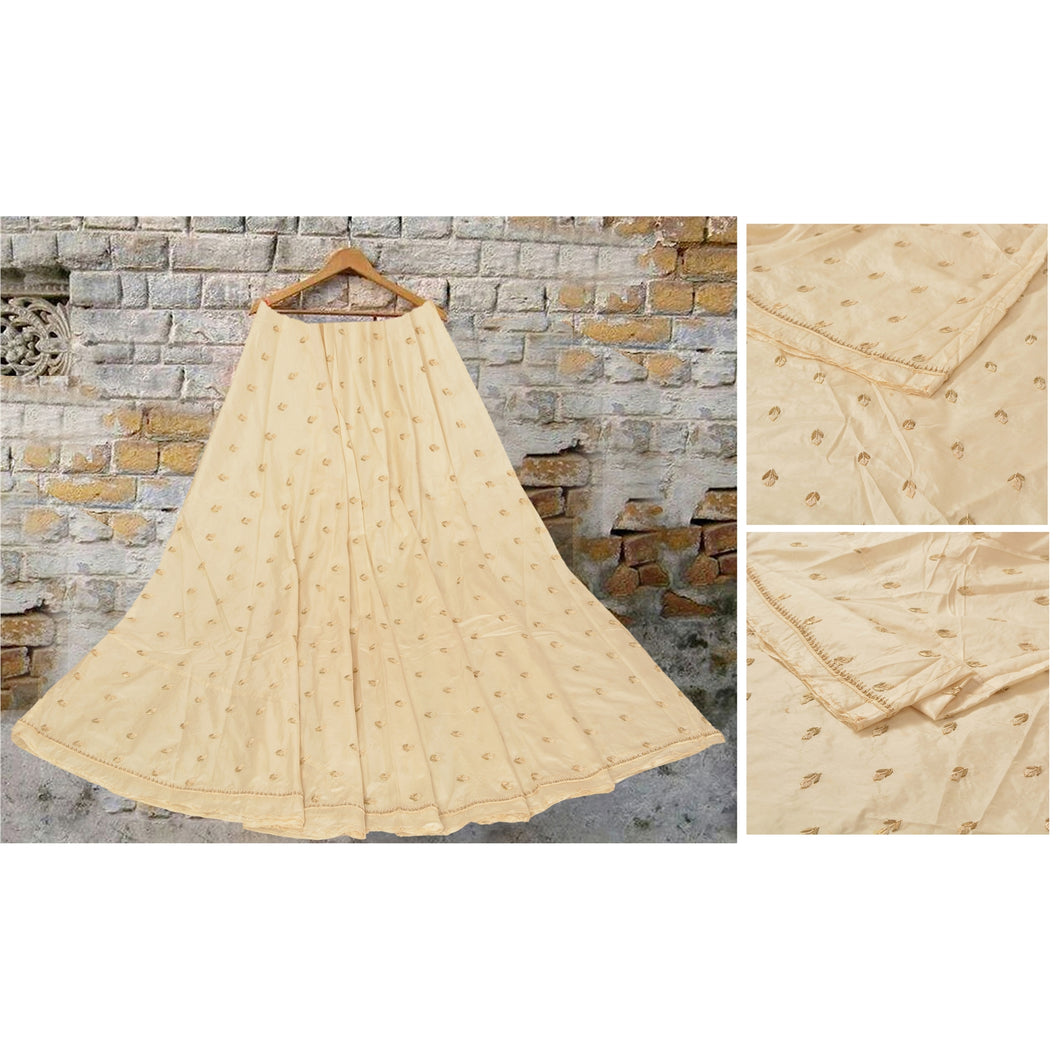 Sanskriti Vintage Long Skirt Pure Silk Handmade Cream Unstitched Zardozi Lehenga