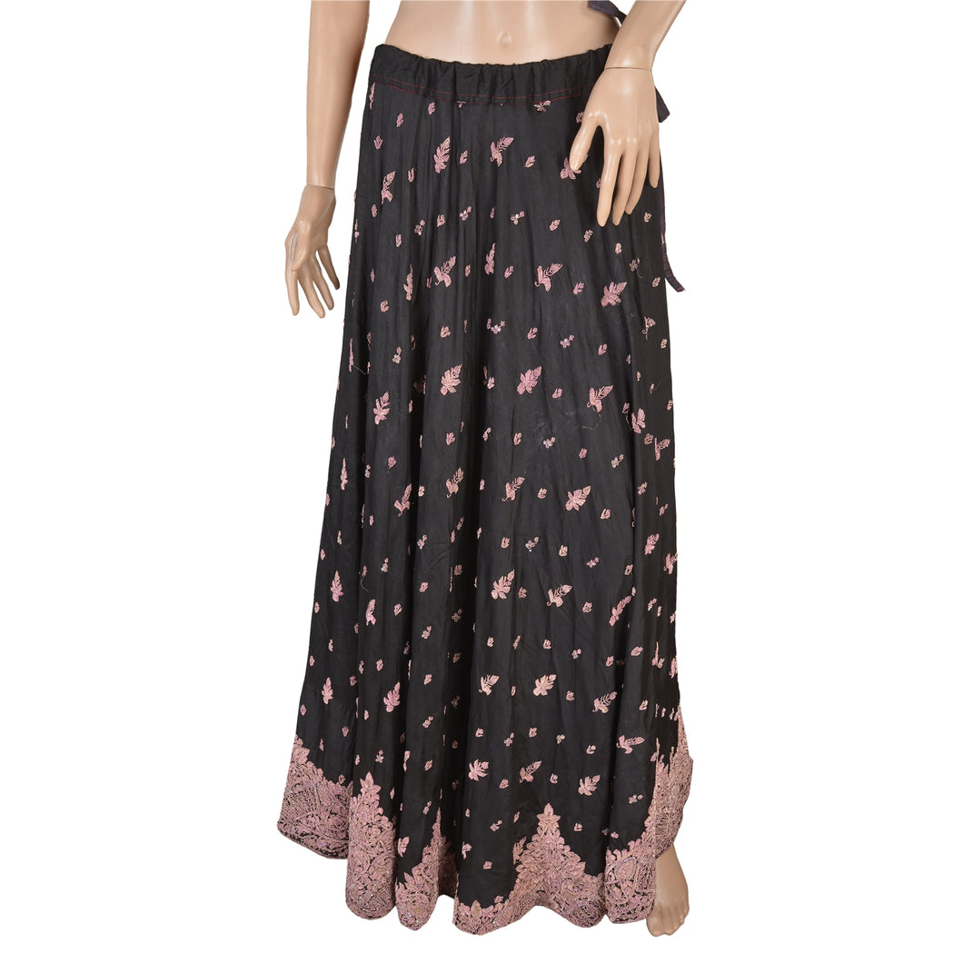 Sanskriti Vintage Long Wedding Skirt Pure Silk Black Handmade Stitched Lehenga